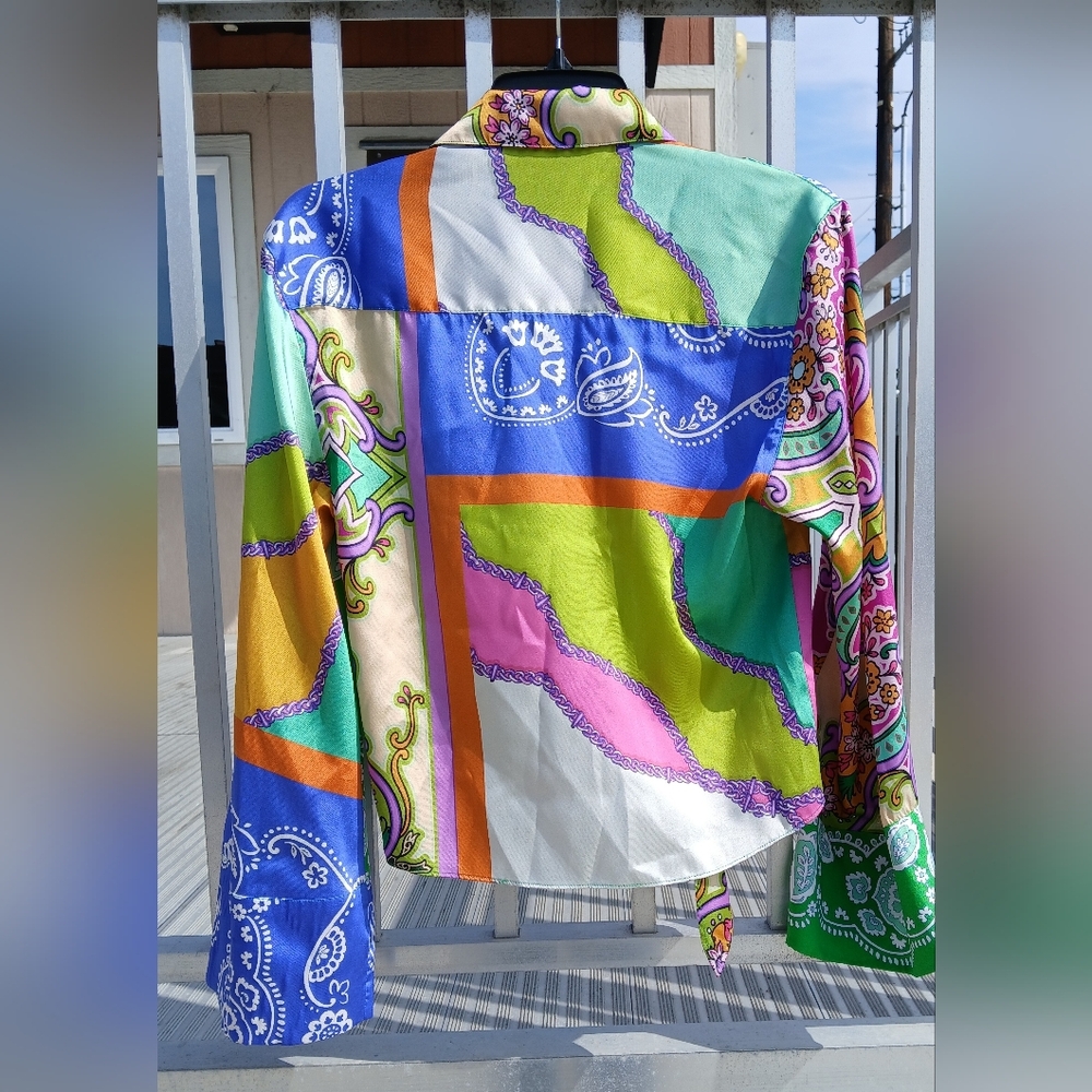 ZARA Chiffon Paisley Sheer Button-Up Collared Blouse Multicolor Women's Size XS - Picture 5 of 6